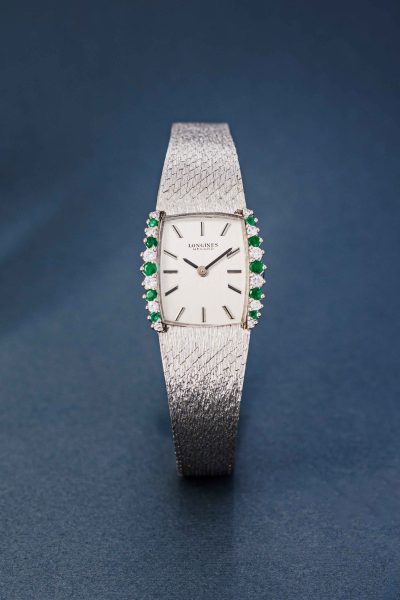 Longines record 18 k white gold 10 emerald and 12 brilliant
